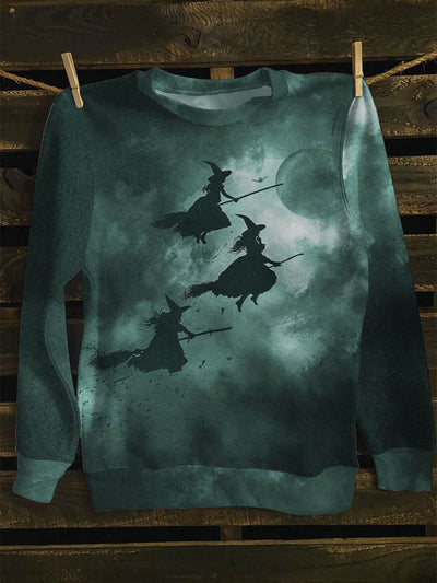 Unisex Flying Witch Print Long Sleeve Sweatshirt