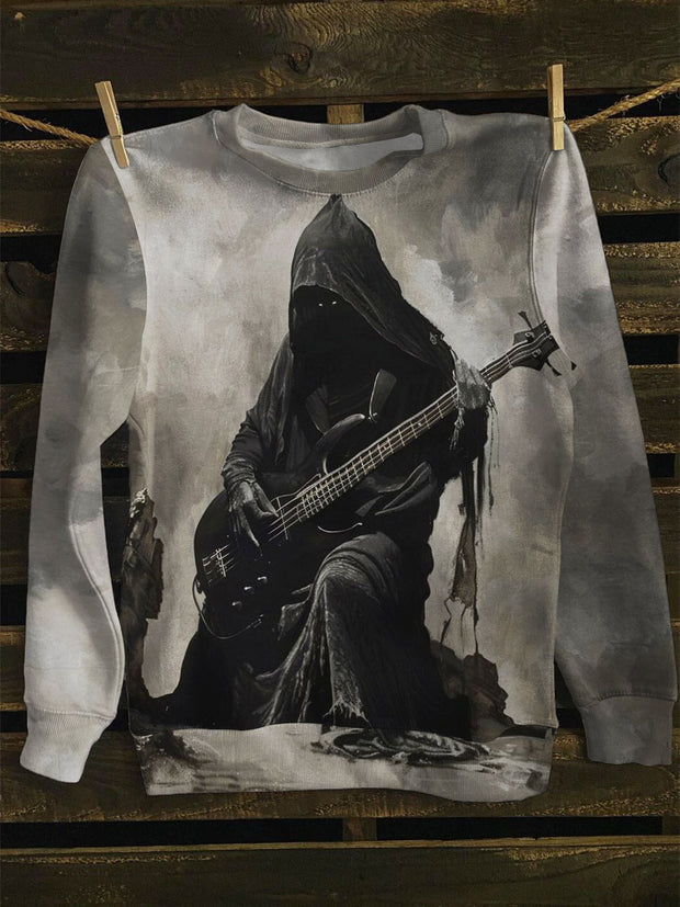 Unisex Skeleton Guitarist Print Long Sleeve Sweatshirt