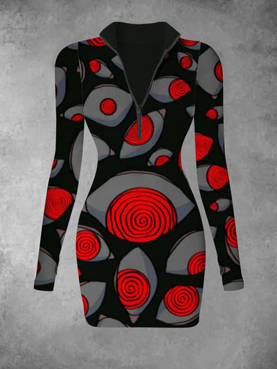 Women's Retro  Abstract Eye Pattern Printed Casual And Fashionable V-neck Long Sleeved Slim Fit Dress