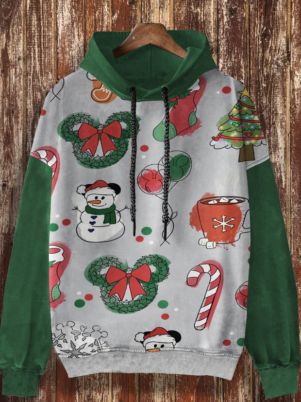 Unisex Christmas Retro Cartoon Printed Casual Loose Long Sleeved Hooded Sweatshirt