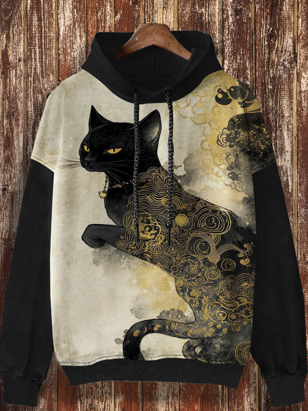 Unisex Retro Cat Printed Casual Loose Long Sleeved Hooded Sweatshirt