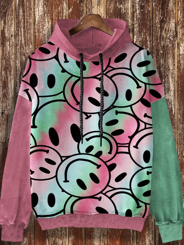 Unisex Graffiti Smiley Face Cartoon Pattern Printed Casual Loose Long Sleeved Hooded Sweatshirt