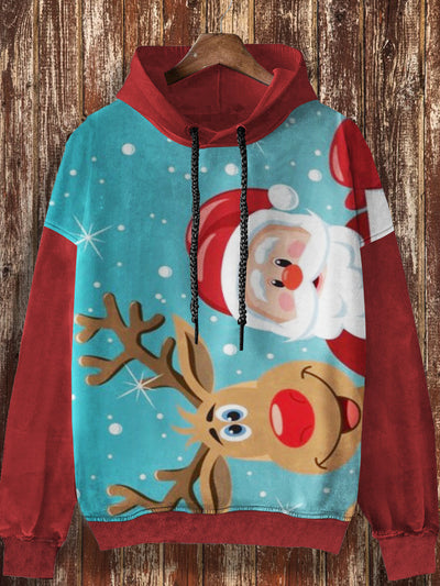 Unisex Christmas Retro Reindeer And Elderly Cartoon Printed Casual Loose Long Sleeved Hooded Sweatshirt