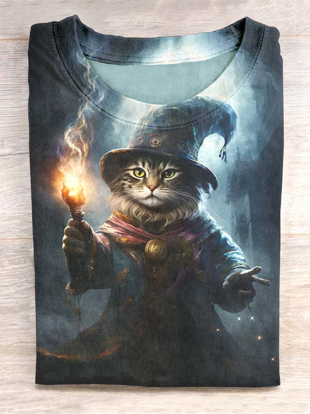 Unisex Wizard Cat Print Casual T-Shirt