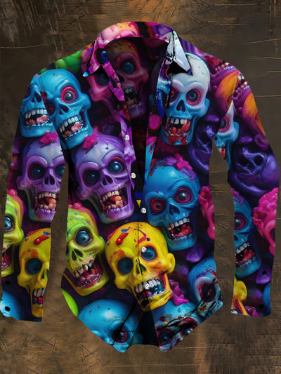 Men's Retro Dark Style Colorful Skull Print Long Sleeve Shirt