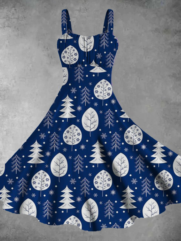 Women's Sleeveless Christmas Tree Retro Printed Casual Fashion Strap Dress