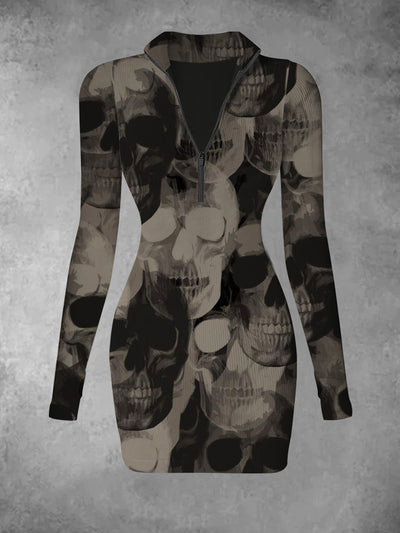 Women's Retro Skull Pattern Printed Casual And Fashionable V-neck Long Sleeved Slim Fit Dress