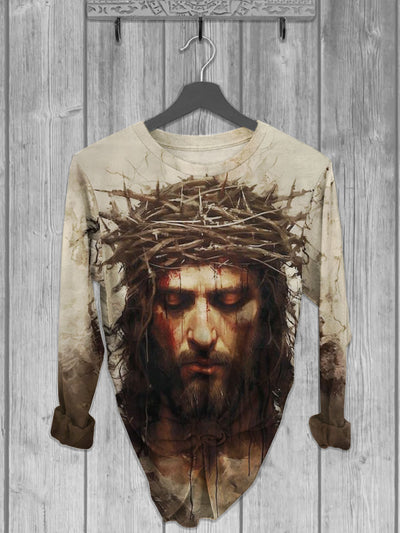 Unisex Bleeding Jesus Printed crew neck casual long T-shirt