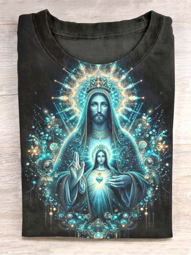 Unisex Sacred Heart of Jesus Santa Maria Printed Casual T-Shirt