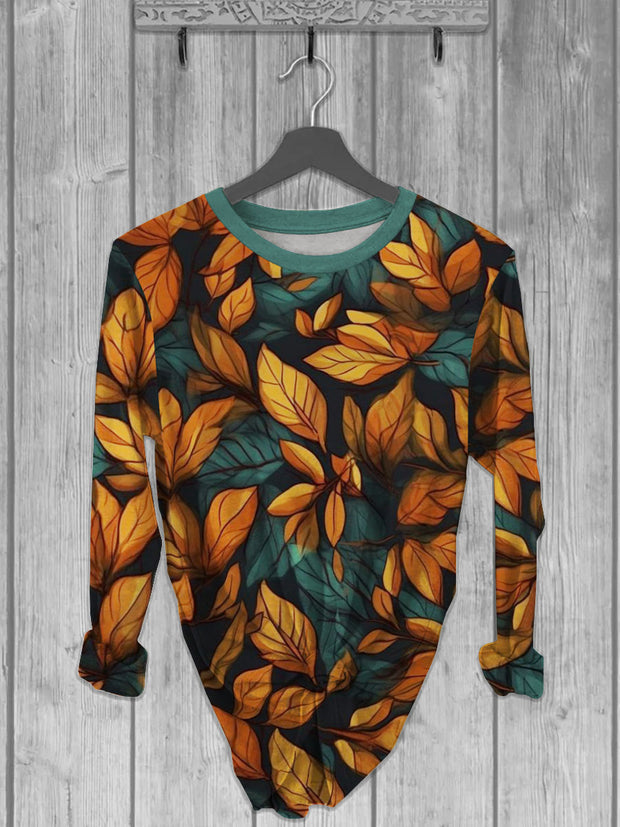 Unisex Leaf Printed crew neck casual long T-shirt