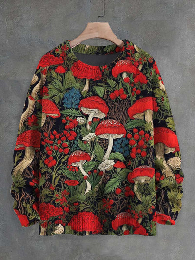 Unisex Red Mushroom Print Casual Sweater