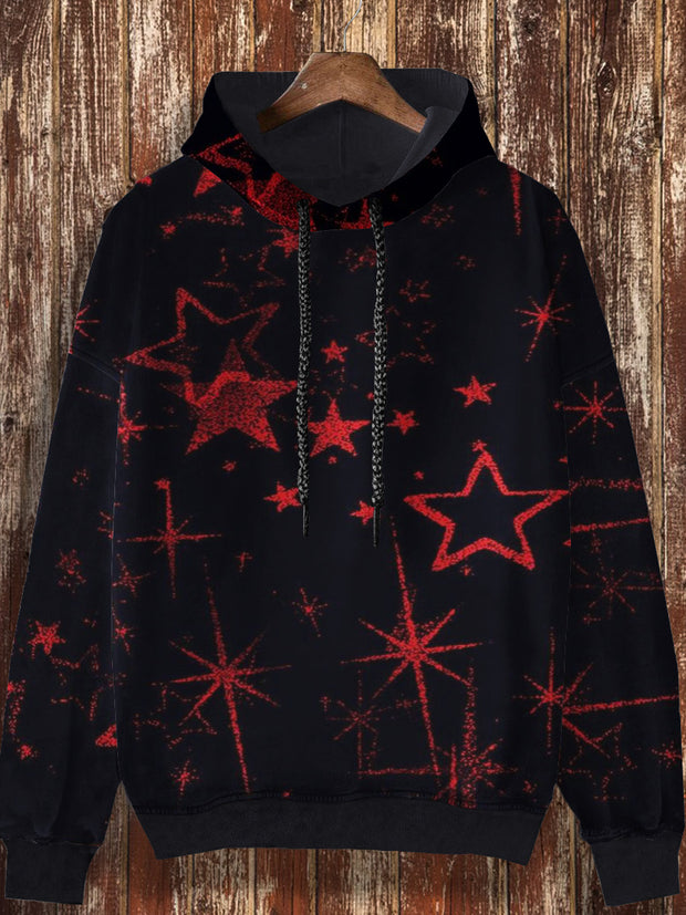 Unisex retro star pattern printed casual fashion long sleeved loose hooded sweatshirt