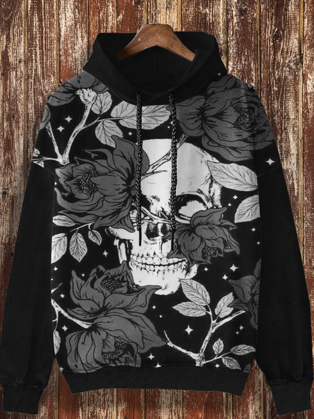 Unisex retro floral skull print casual fashion long sleeved loose hooded sweatshirt