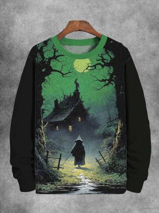 Unisex Witch And House Forest Print Long Sleeve Sweatshirt