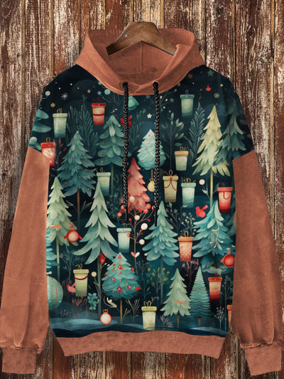 Unisex retro Christmas tree print casual fashion long sleeved loose hooded sweatshirt