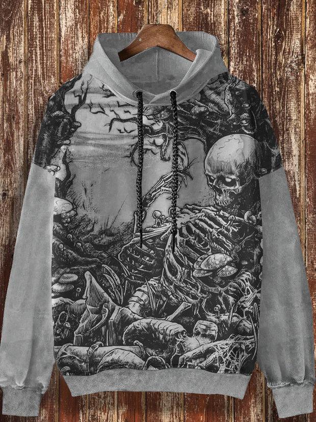 Unisex Retro Skull Print Casual Fashion Long Sleeved Loose Hooded Sweatshirt