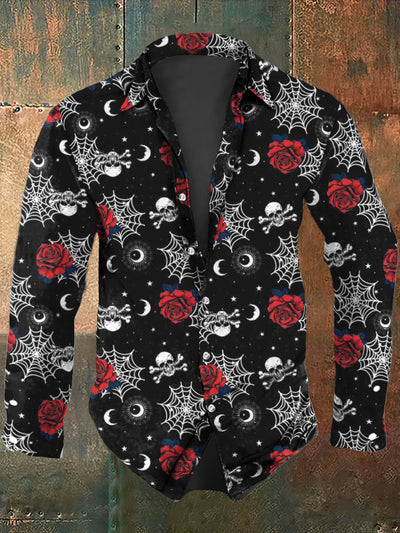 Men's Skeleton Spider Web Rose Art Printing Long Sleeve Shirt