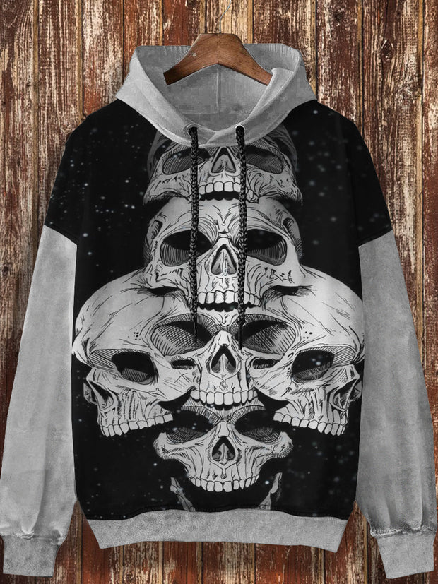 Unisex retro skull print casual fashion long sleeved loose hooded sweatshirt