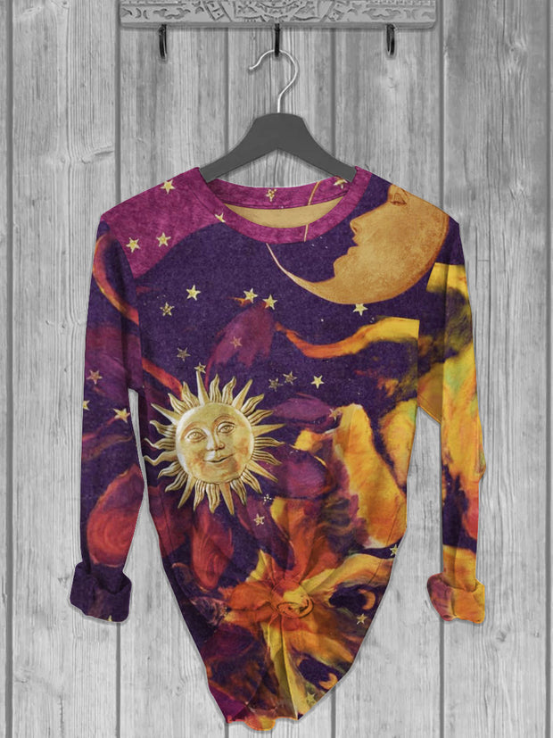 Unisex Abstract Sun And Moon Printed crew neck casual long T-shirt