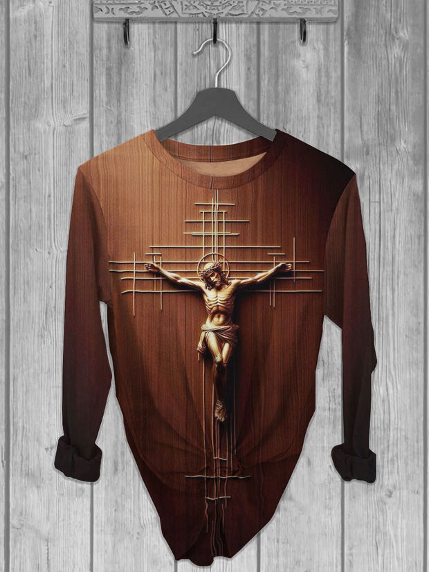 Unisex Jesus And Cross Printed crew neck casual long T-shirt