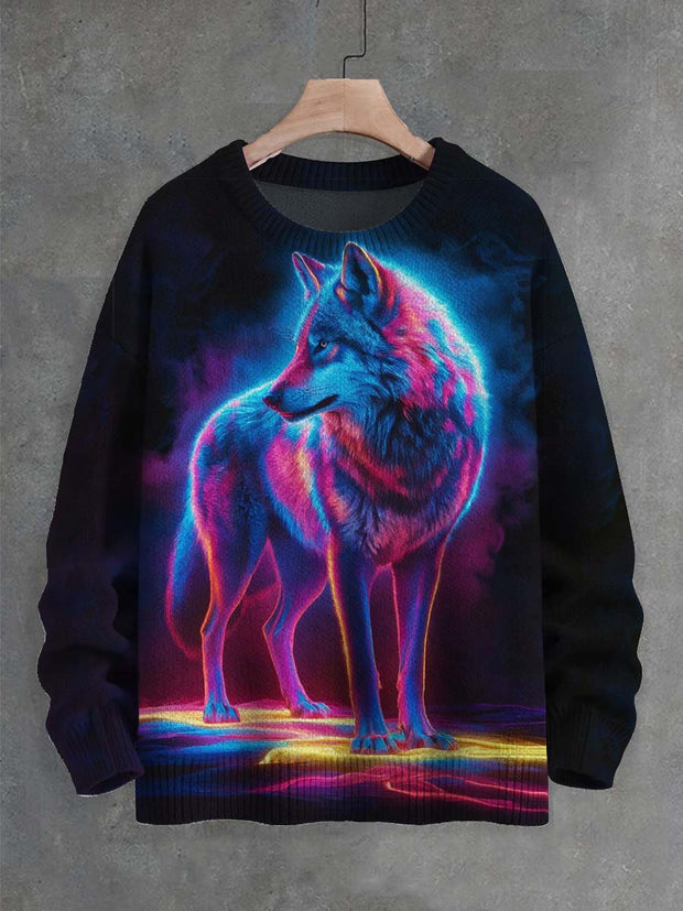 Unisex Fluorescent Color Wolf Print Casual Sweater