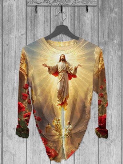 Unisex Jesus And Rose Printed crew neck casual long T-shirt