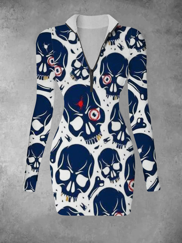 Women's retro skull pattern printed casual fashion V-neck long sleeved slim fit dress