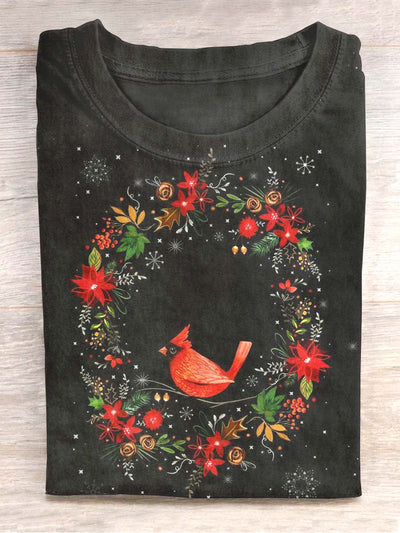 Unisex Vintage Christmas Cardinal Bird Printed Casual T-Shirt