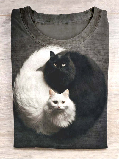 Unisex Fun Black And White Cat Print Casual T-Shirt