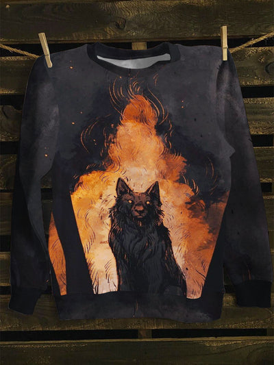 Unisex Flames And Wolves Art Print Long Sleeve Sweatshirt