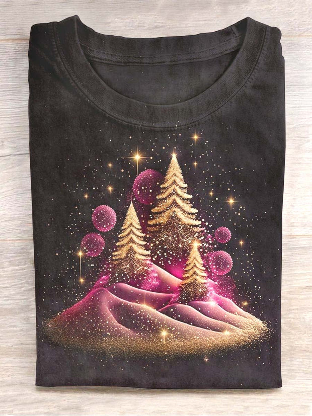 Unisex Pink Christmas Tree Bird Print Casual T-Shirt