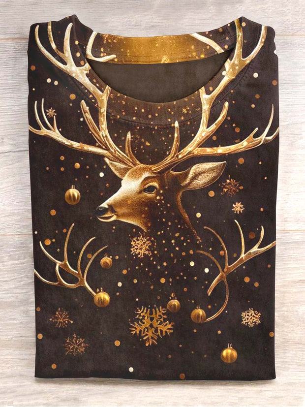 Unisex Christmas Gold Reindeer Print Casual T-Shirt