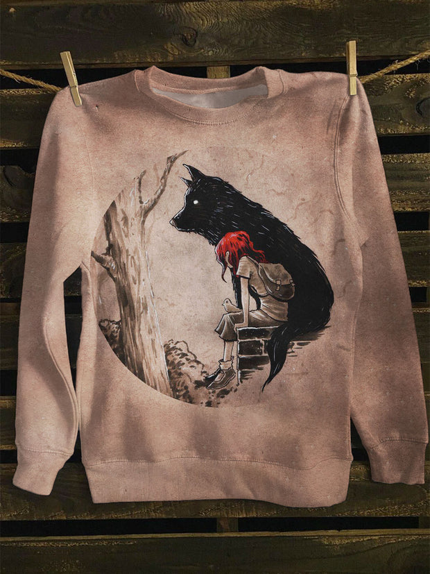 Unisex Wolf And Little Girl Art Print Long Sleeve Sweatshirt