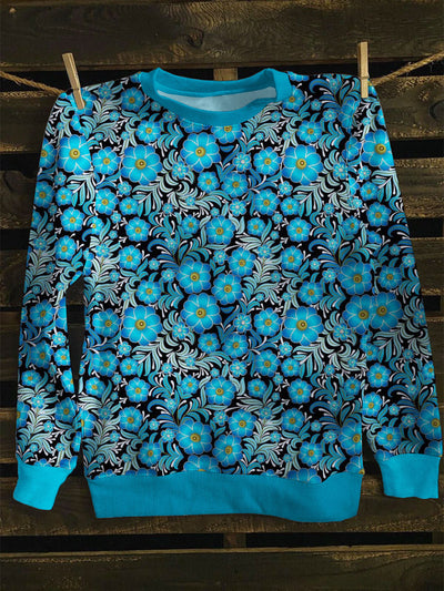 Unisex Blue Flower Art Print Long Sleeve Sweatshirt