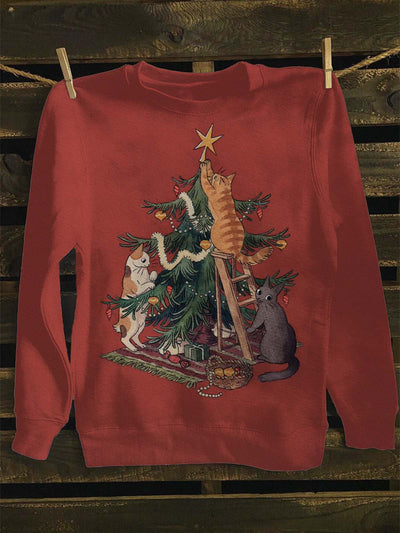 Unisex Cute Cat Christmas Tree Print Casual Sweatshirt